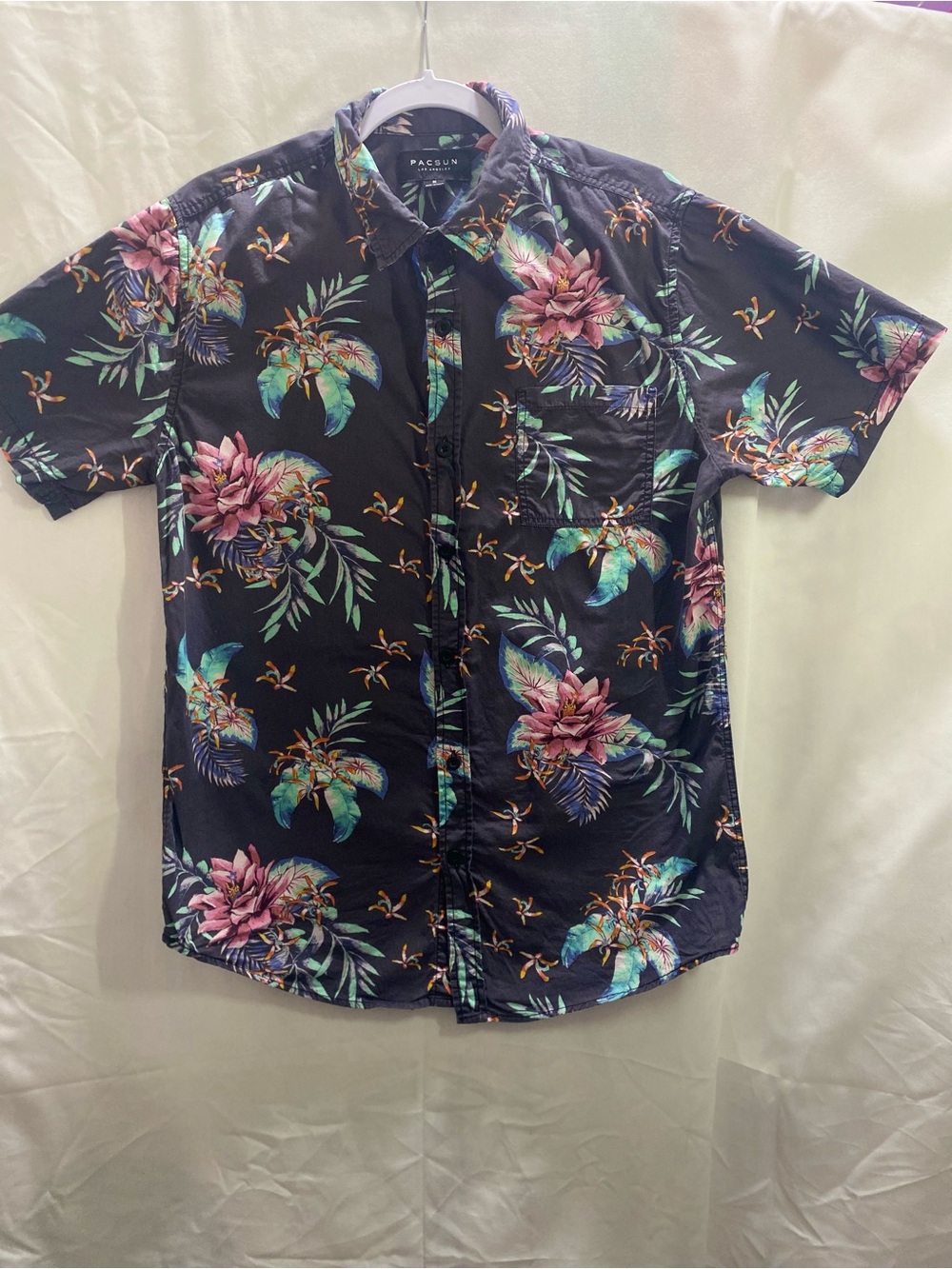PacSun Men Medium Woven Cotton Short Sleeve Button Shirt Pockets Floral Blk Y2K